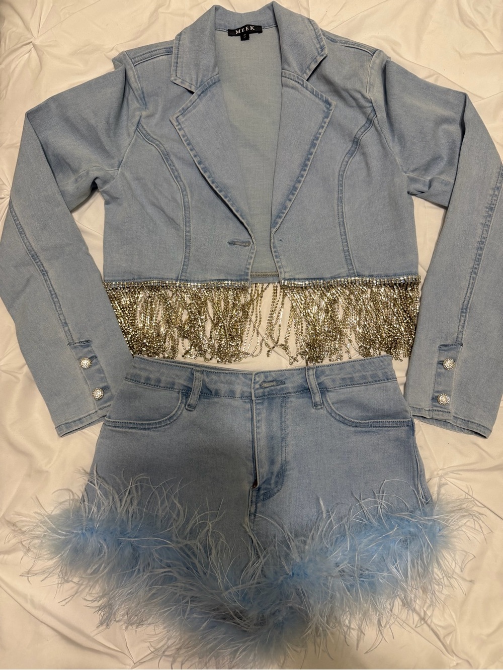 MEK Light Blue Denim Cropped Jacket & Feather Trim Shorts Set